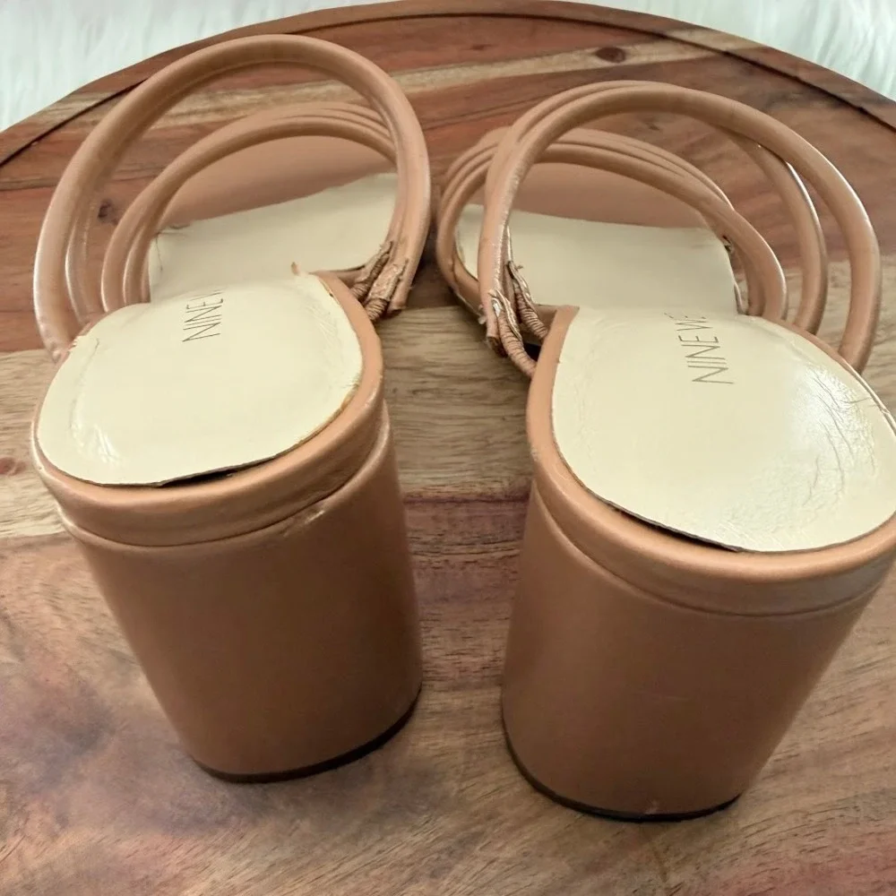 Nine West Tan Strappy Block Heel Square Toe Sandals Mules Womens 7.5M